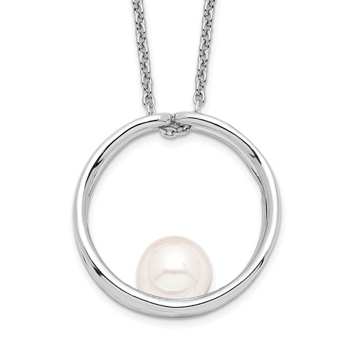 Sterling Silver Rhodium-plated 7-8mm White Round Freshwater Cultured Pearl Necklace, 18"
