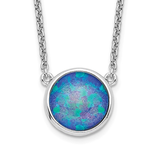 Sterling Silver Rhodium-plated 9mm Round Lab Created Blue Opal Necklace, 18"