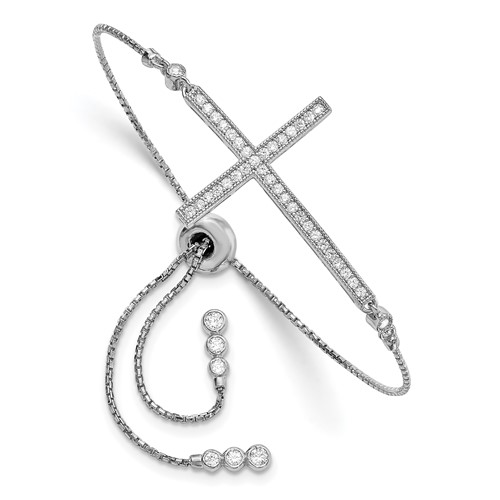 Sterling Silver Rhodium-plated CZ Polished Adjustable Cross Bracelet