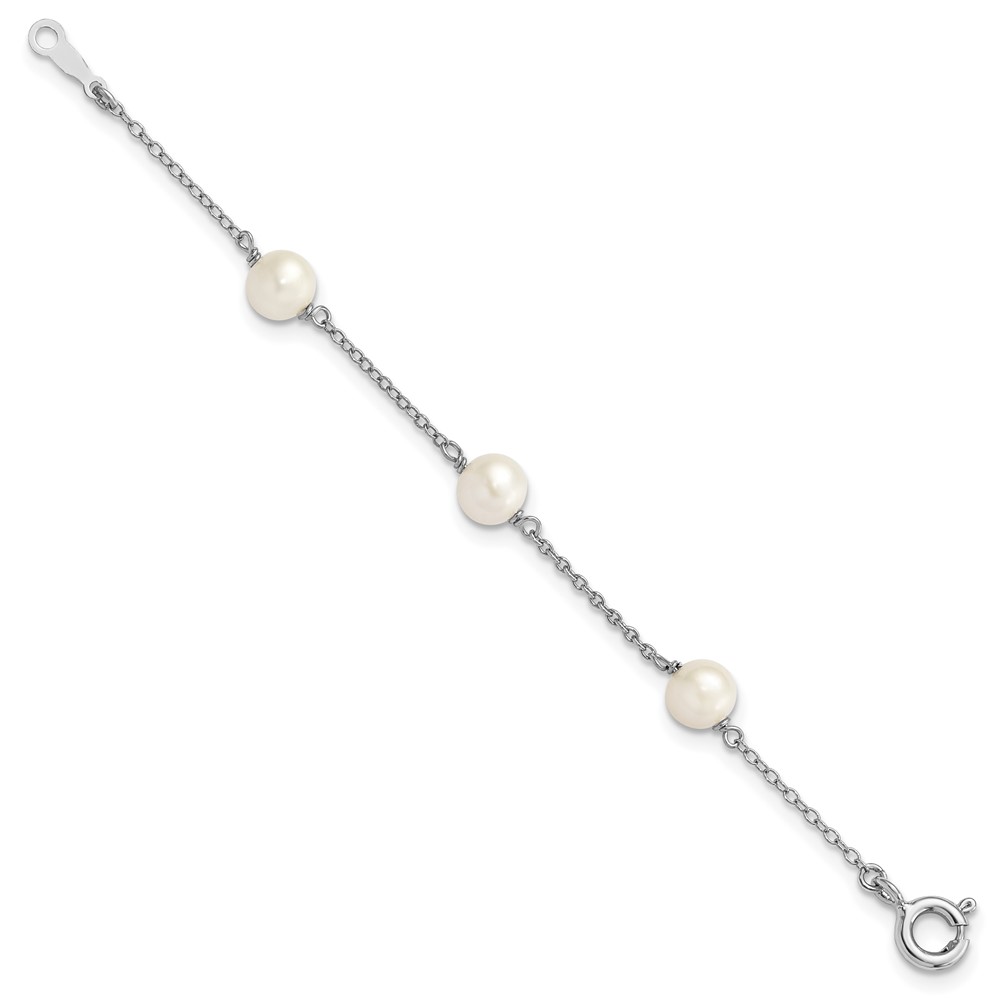 Sterling Silver Rhodium-plated 5-5.5mm White Semi-Round Freshwater Cultured Pearl 3-Station Children's 4 inch Bracelet (QG4656-4)