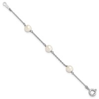 Sterling Silver Rhodium-plated 5-5.5mm White Semi-Round Freshwater Cultured Pearl 3-Station Bracelet, 4" view 2