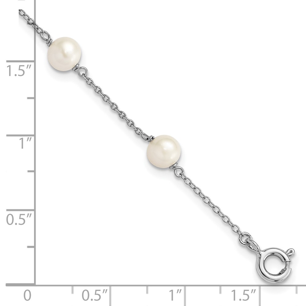 Sterling Silver Rhodium-plated 5-5.5mm White Semi-Round Freshwater Cultured Pearl 3-Station Children's 4 inch Bracelet (QG4656-4)