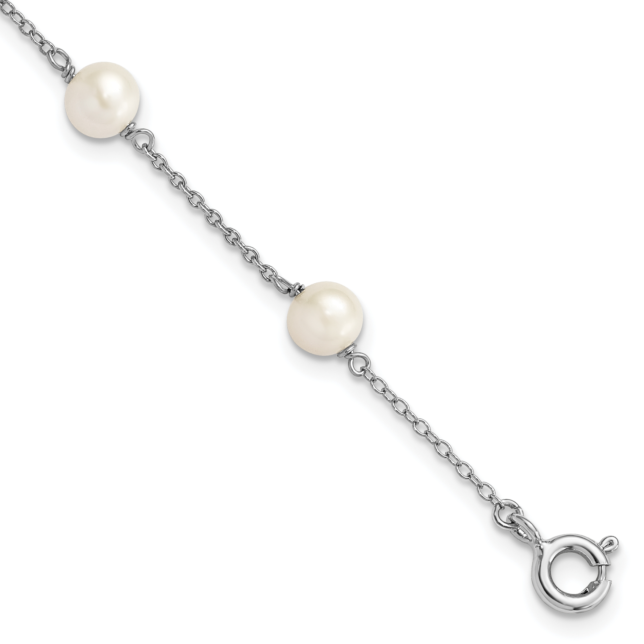 Sterling Silver Rhodium-plated 5-5.5mm White Semi-Round Freshwater Cultured Pearl 3-Station Children's 4 inch Bracelet (QG4656-4)
