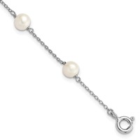 Sterling Silver Rhodium-plated 5-5.5mm White Semi-Round Freshwater Cultured Pearl 3-Station Bracelet, 4" view 1