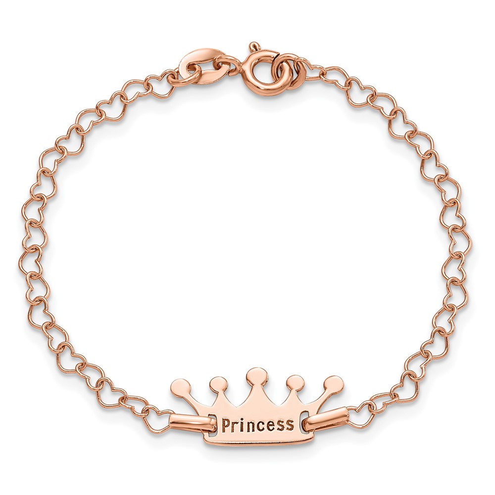 Sterling Silver Rose-tone Princess Crown Heart Link Children's Bracelet (QG4657-6)