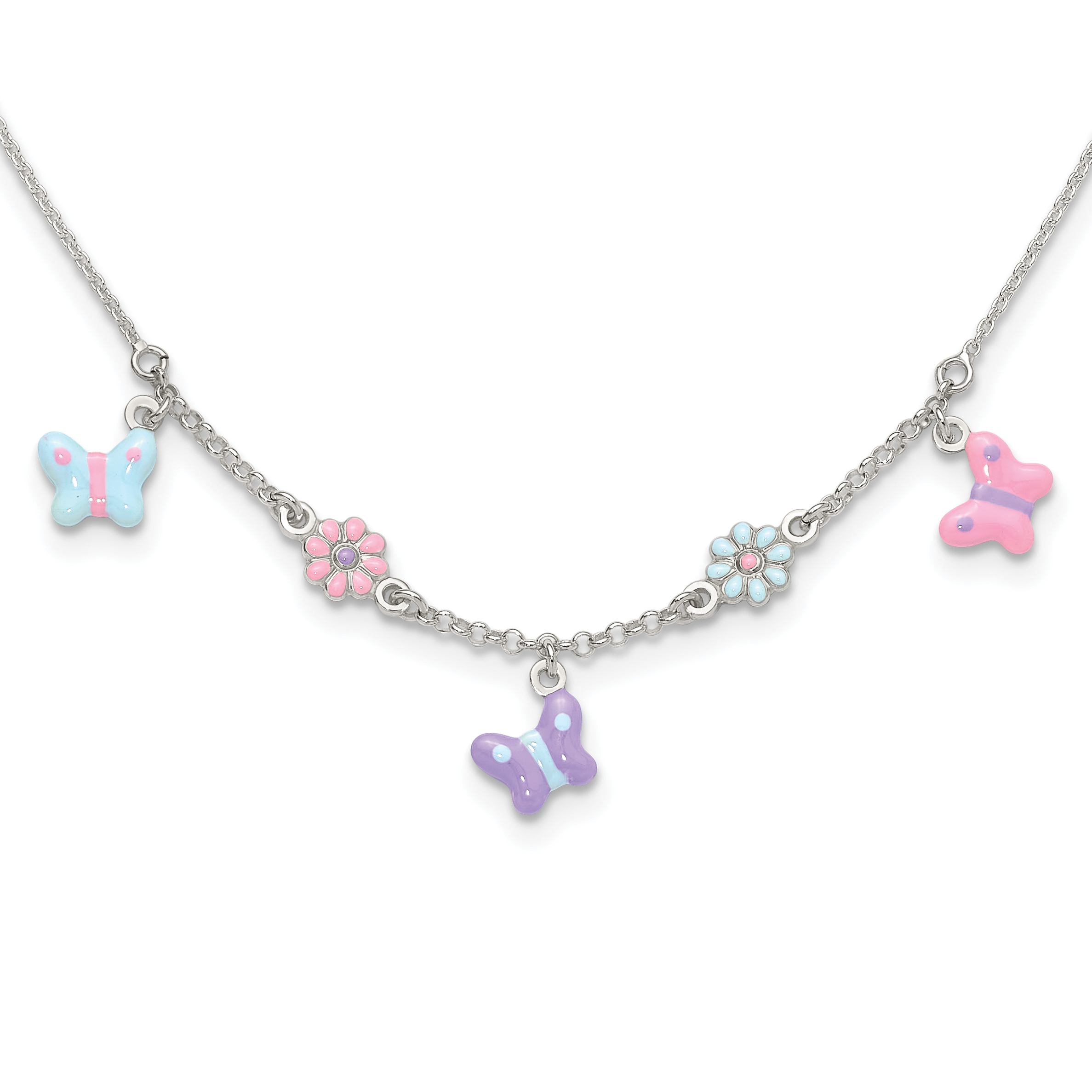 Sterling Silver Polished Enameled Floral & Butterfly Children's Necklace (QG4660-14)