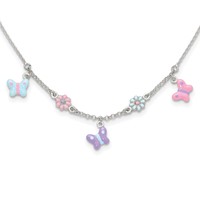 Sterling Silver Polished Multi-color Enameled Floral and Butterfly Necklace, 14" view 1