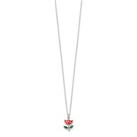Sterling Silver Polished Red & Green Enameled Flower Necklace, 14" view 2