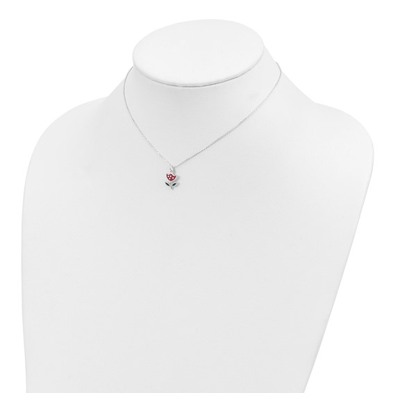 Sterling Silver Polished Red & Green Enameled Flower Children's Necklace