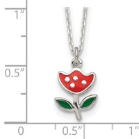 Sterling Silver Polished Red & Green Enameled Flower Necklace, 14" view 4