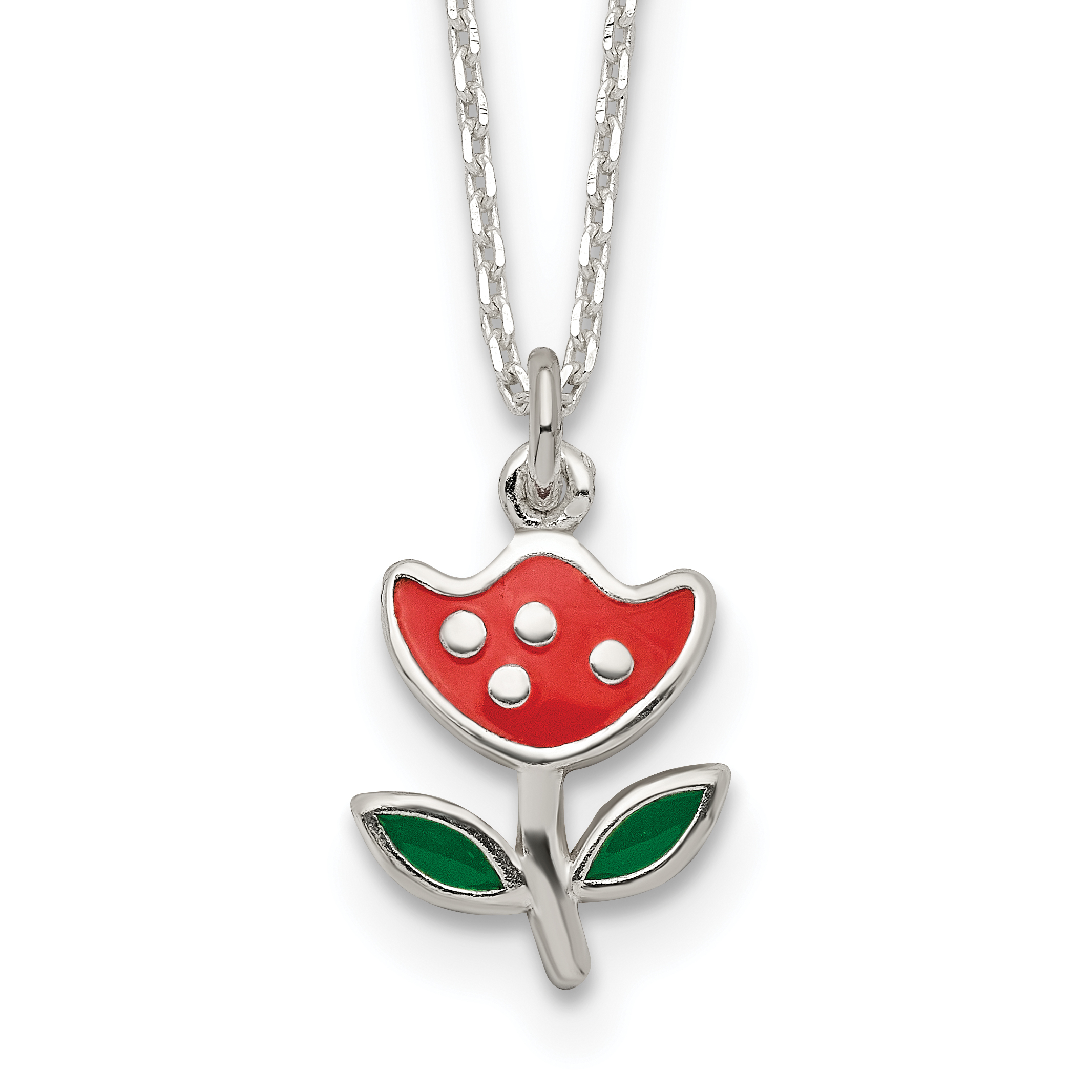 Sterling Silver Polished Red & Green Enameled Flower Children's Necklace (QG4661-14)