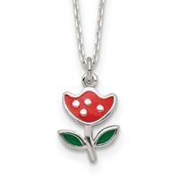 Sterling Silver Polished Red & Green Enameled Flower Necklace, 14" view 1