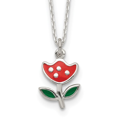 Sterling Silver Polished Red & Green Enameled Flower Necklace, 14"