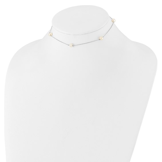 Sterling Silver Rhodium-plated 5-5.5mm White Semi-Round Freshwater Cultured Pearl 5-Station Children's 12 inch Necklace