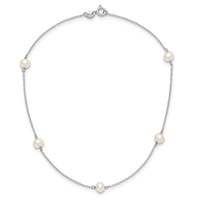 Sterling Silver Rhodium-plated 5-5.5mm White Semi-Round Freshwater Cultured Pearl 5-Station Necklace, 12" view 3