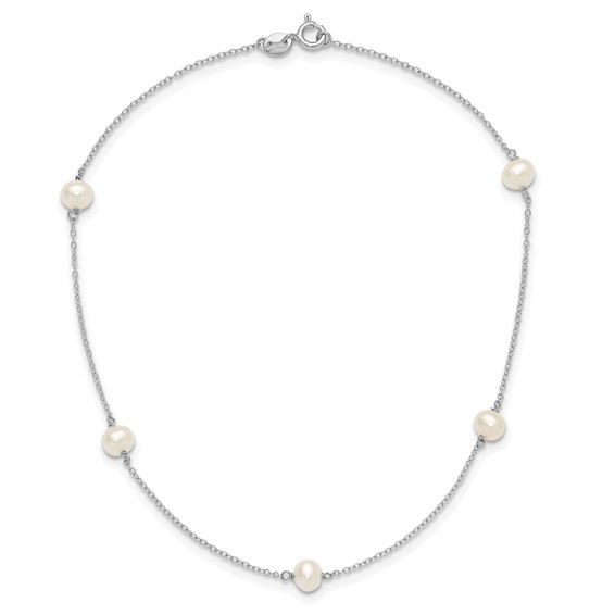 Sterling Silver Rhodium-plated 5-5.5mm White Semi-Round Freshwater Cultured Pearl 5-Station Children's 12 inch Necklace