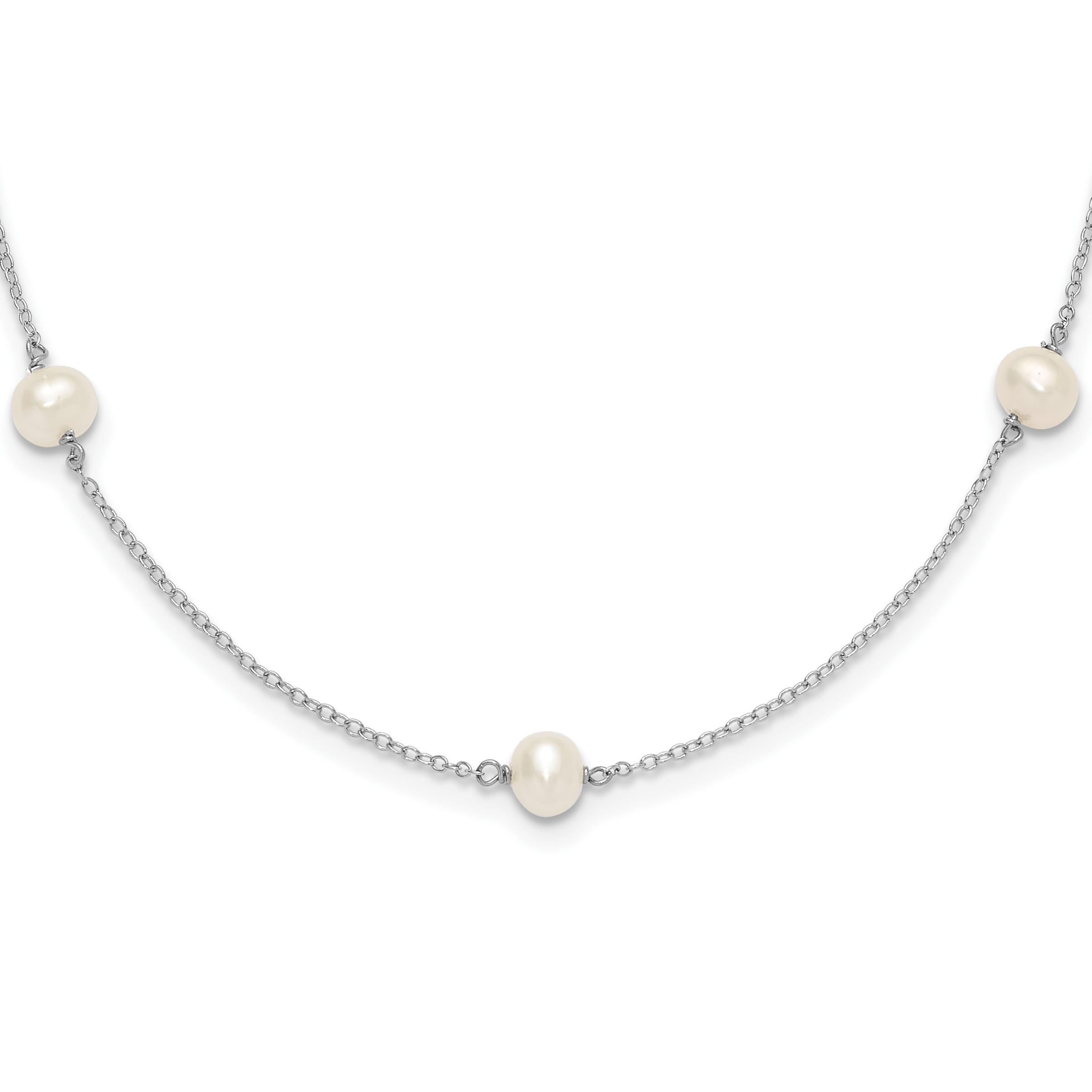 Sterling Silver Rhodium-plated 5-5.5mm White Semi-Round Freshwater Cultured Pearl 5-Station Children's 12 inch Necklace (QG4662-12)