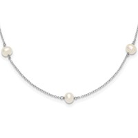 Sterling Silver Rhodium-plated 5-5.5mm White Semi-Round Freshwater Cultured Pearl 5-Station Necklace, 12" view 1