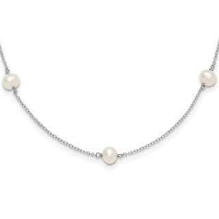 Sterling Silver Rhodium-plated 5-5.5mm White Semi-Round Freshwater Cultured Pearl 5-Station Children's 12 inch Necklace
