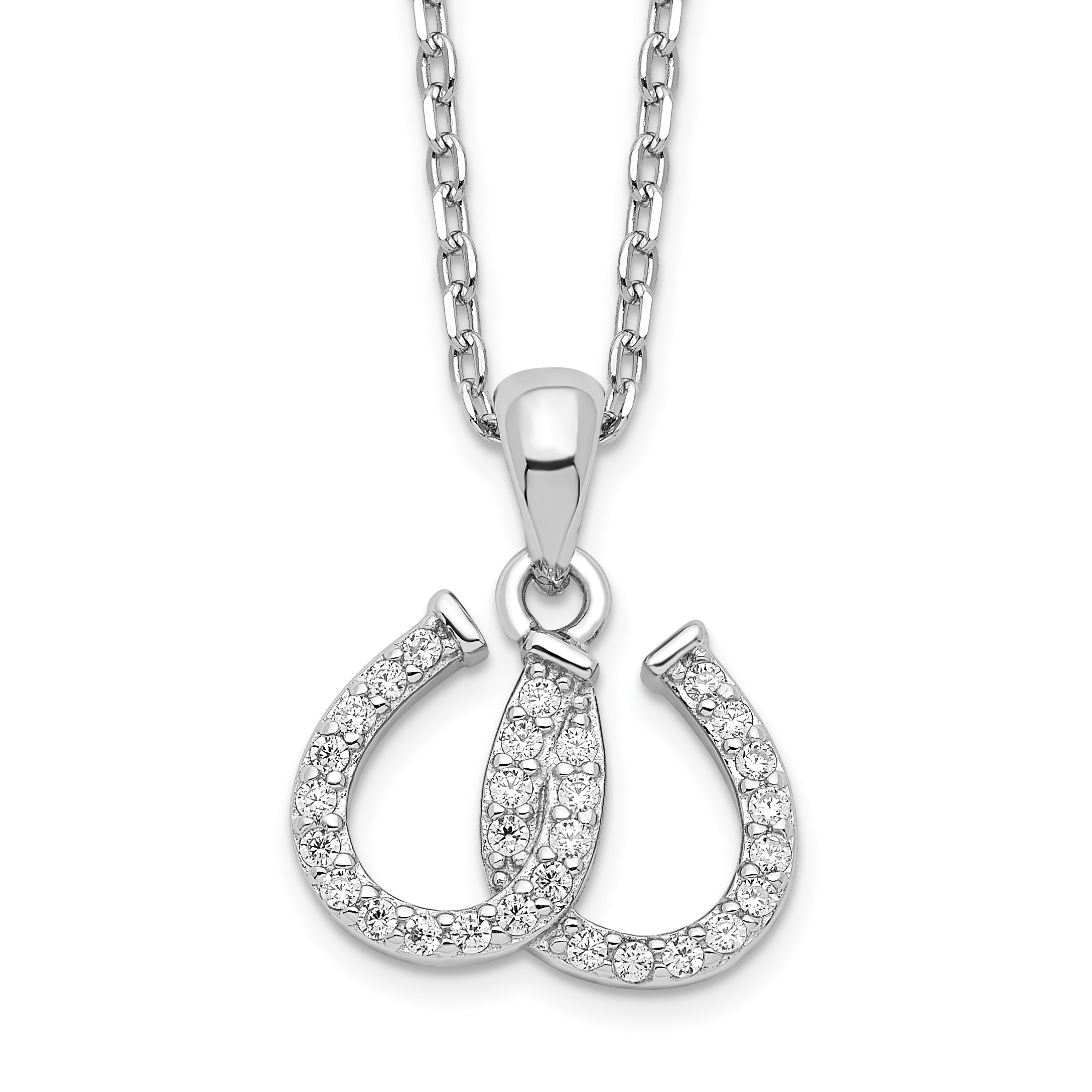 Sterling Silver Rhodium-plated CZ Double Horseshoe Necklace (QG4667-15.5)