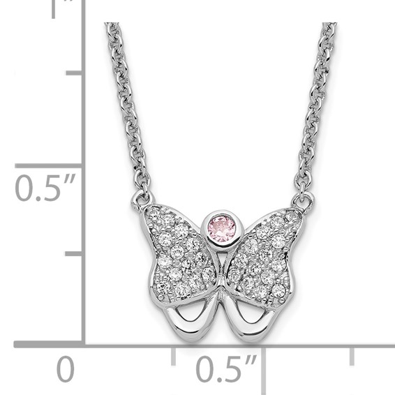Sterling Silver Rhodium-plated Pink & Clear CZ Butterfly w/ 1.5in ext. Necklace