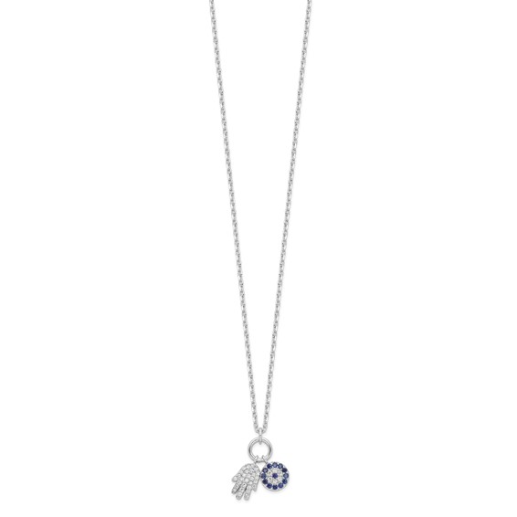 Sterling Silver Rhod-plated CZ Eye and Hamsa Charm Necklace