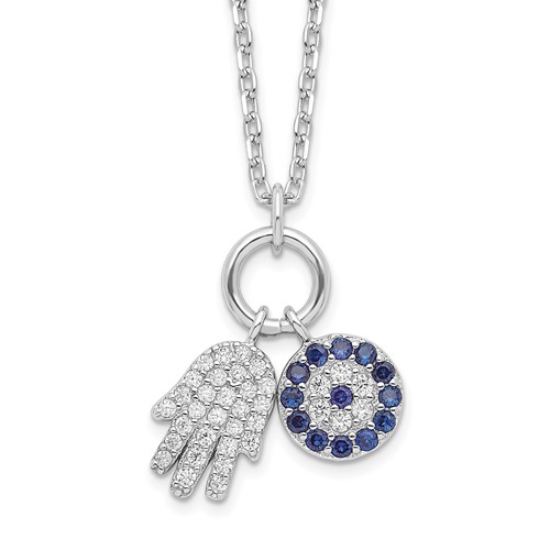 Sterling Silver Rhodium-plated CZ Eye and Hamsa Charm Necklace, 17"