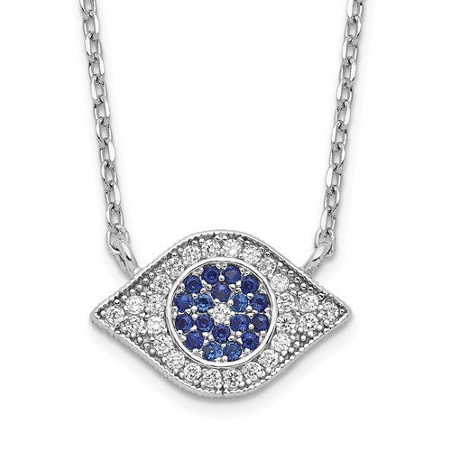Sterling Silver Rhodium-plated Polished Blue and Clear CZ Eye Necklace, 17"