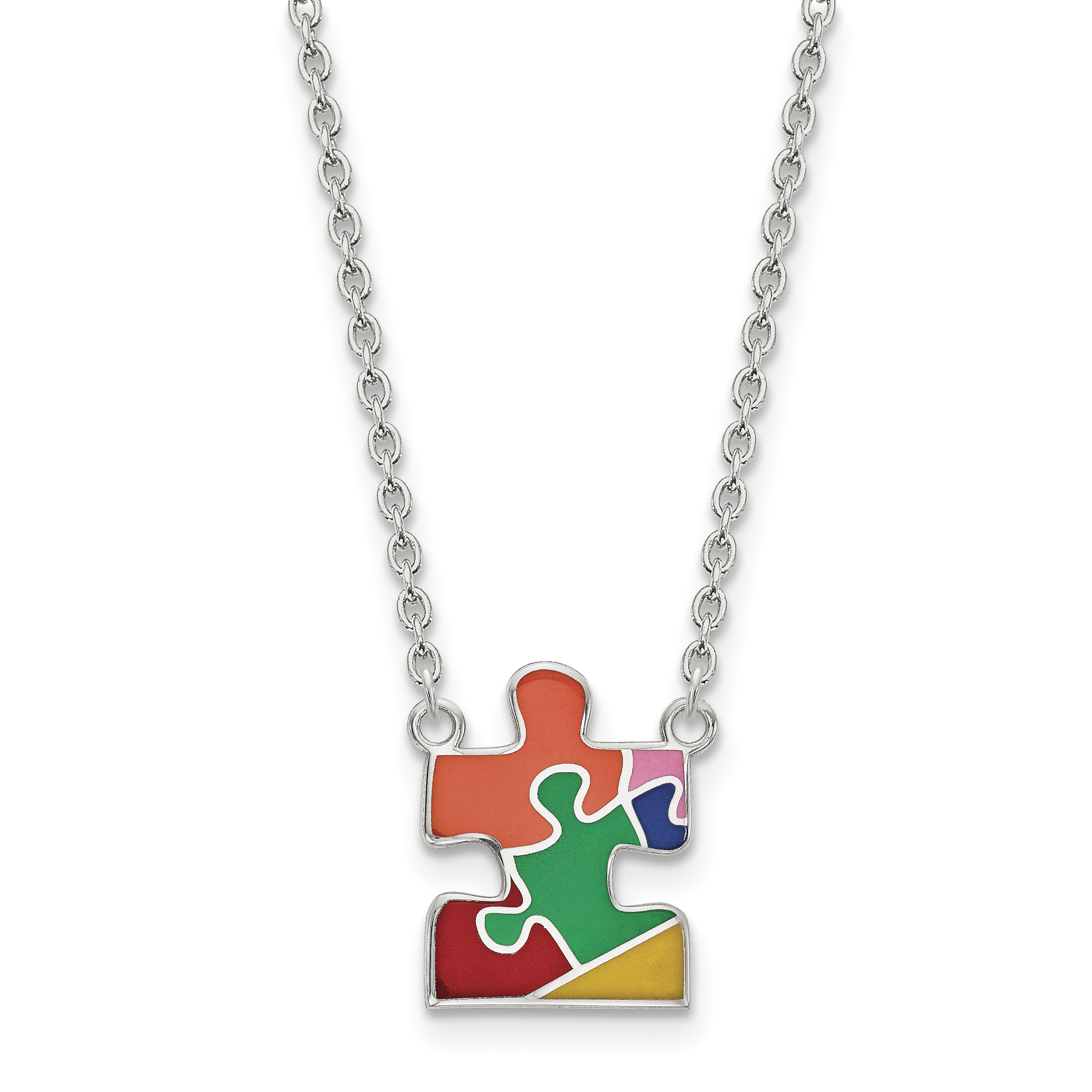 Sterling Silver Rhod-plated Enameled Autism Puzzle Piece Necklace (QG4676-18)