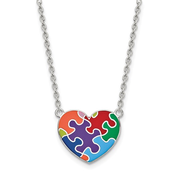 Sterling Silver Rhod-plated Enameled Autism Heart Necklace