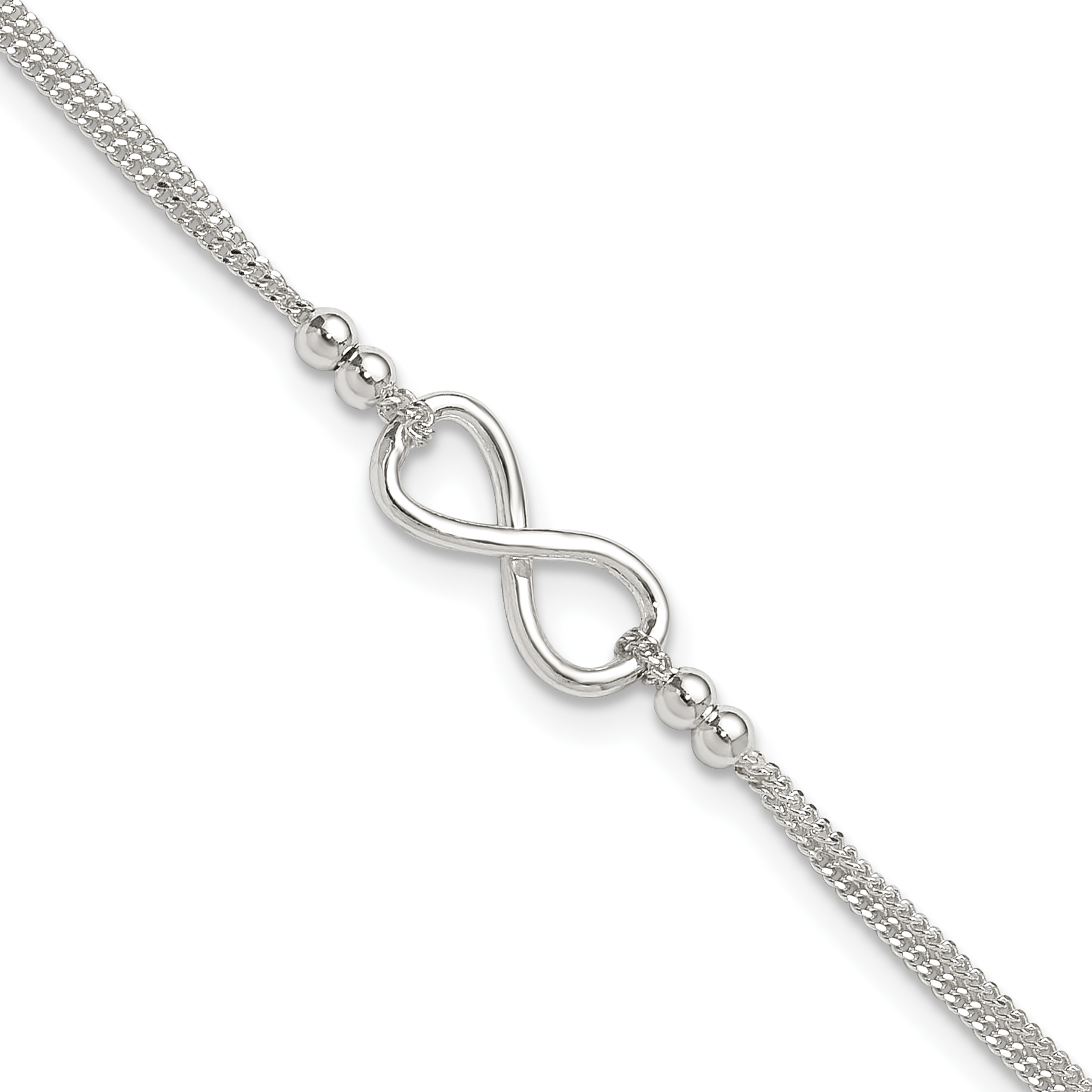 Sterling Silver 2-Strand Beaded Infinity Symbol 9in Plus 1in ext. Anklet (QG4722-9)