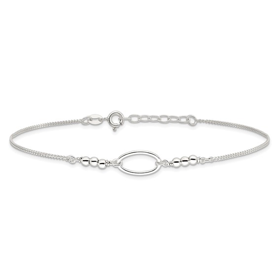 Sterling Silver Oval Link and Beads 9 inch Plus 1 inch Extender - Total 10 inch Anklet