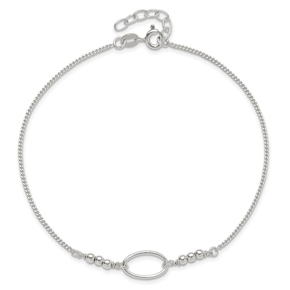 Sterling Silver Oval Link and Beads 9 inch Plus 1 inch Extender - Total 10 inch Anklet