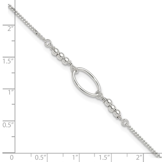 Sterling Silver Oval Link and Beads 9 inch Plus 1 inch Extender - Total 10 inch Anklet