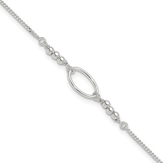 Sterling Silver Oval Link and Beads 10 inch Plus 1 inch Extender - Total 11 inch Anklet