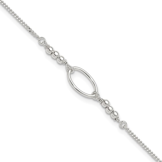 Sterling Silver Oval Link and Beads 9 inch Plus 1 inch Extender - Total 10 inch Anklet