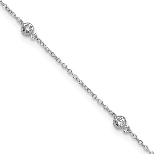 Sterling Silver Rhodium-plated Bezel CZ 5-Station Plus 2 Inch Extender - Total 11 Inch Anklet, 9"