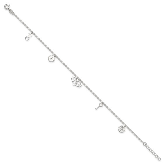 Sterling Silver Love Dangles 9 inch Plus 1 inch Extender - Total 10 inch Anklet