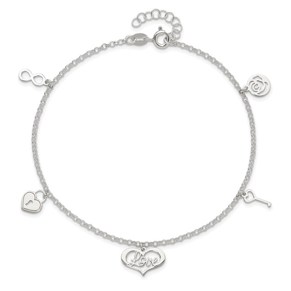 Sterling Silver Love Dangles 9 inch Plus 1 inch Extender - Total 10 inch Anklet