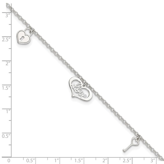 Sterling Silver Love Dangles 9 inch Plus 1 inch Extender - Total 10 inch Anklet