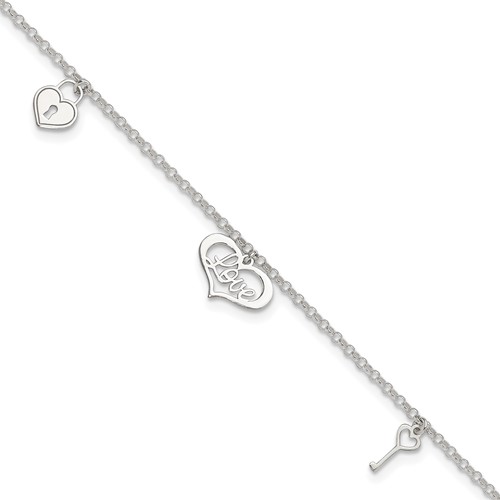Sterling Silver Love Dangles Plus 1 Inch Extender - Total 10 Inch Anklet, 9"