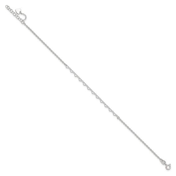 Sterling Silver Heart Link 9 inch Plus 1 inch Extender - Total 10 inch Anklet