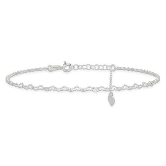 Sterling Silver Heart Link 9 inch Plus 1 inch Extender - Total 10 inch Anklet