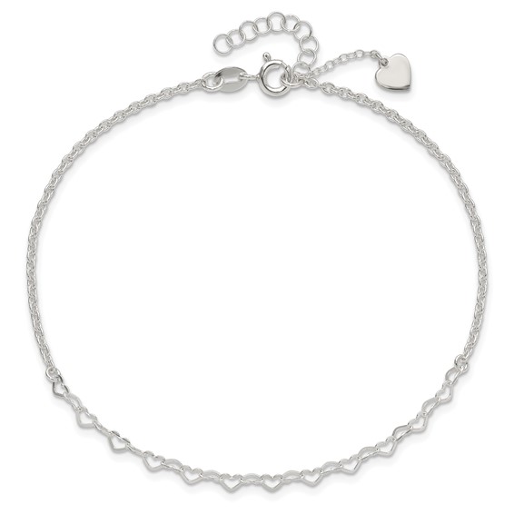 Sterling Silver Heart Link 9 inch Plus 1 inch Extender - Total 10 inch Anklet