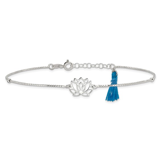 Sterling Silver Lotus with Blue Fabric Tassel 9 inch Plus 1 inch Extender - Total 10 inch Anklet