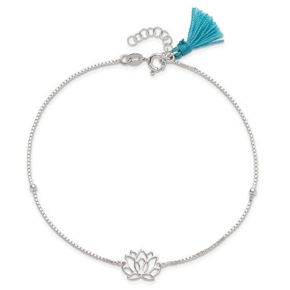 Sterling Silver Lotus with Blue Fabric Tassel 9 inch Plus 1 inch Extender - Total 10 inch Anklet