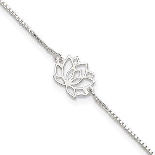 Sterling Silver Lotus with Blue Fabric Tassel 9 inch Plus 1 inch Extender - Total 10 inch Anklet