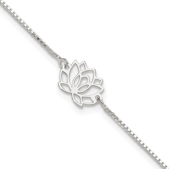 Sterling Silver Lotus with Blue Fabric Tassel 9 inch Plus 1 inch Extender - Total 10 inch Anklet