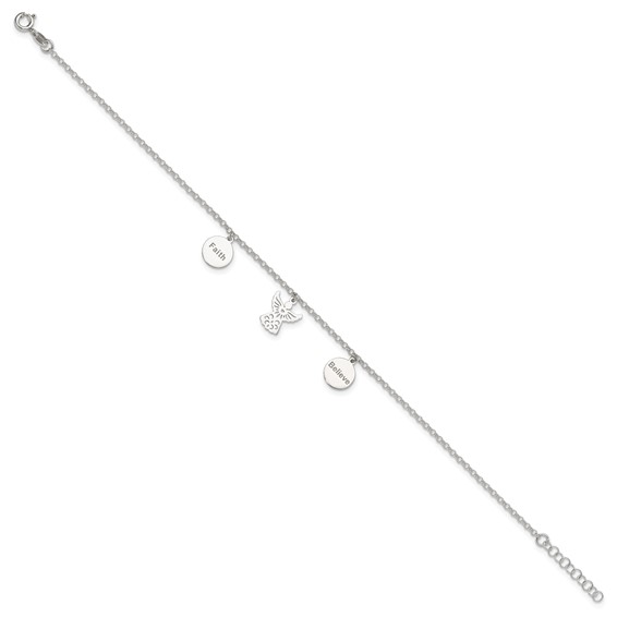 Sterling Silver Faith/Believe/Angel 9 inch Plus 1 inch Extender - Total 10 inch Anklet