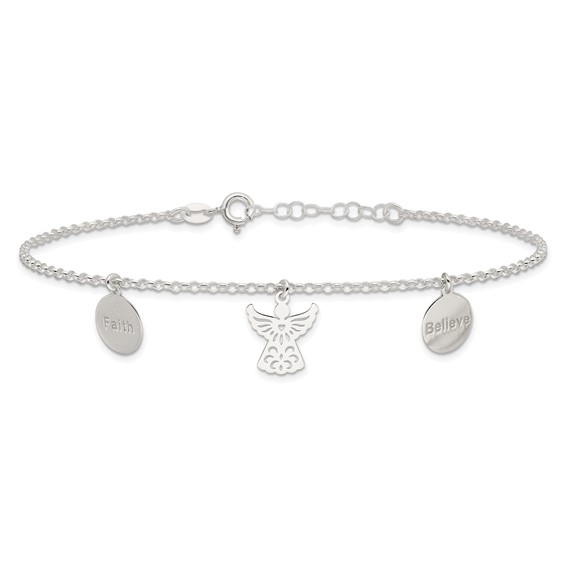 Sterling Silver Faith/Believe/Angel 9 inch Plus 1 inch Extender - Total 10 inch Anklet
